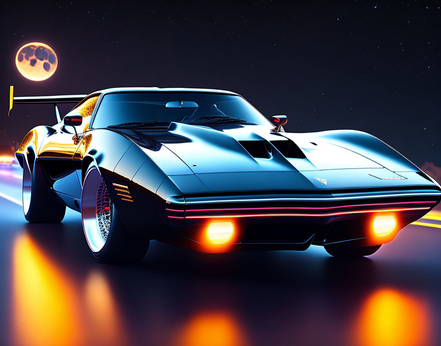 Classic Sports Car with Illuminated Headlights Under Full Moon