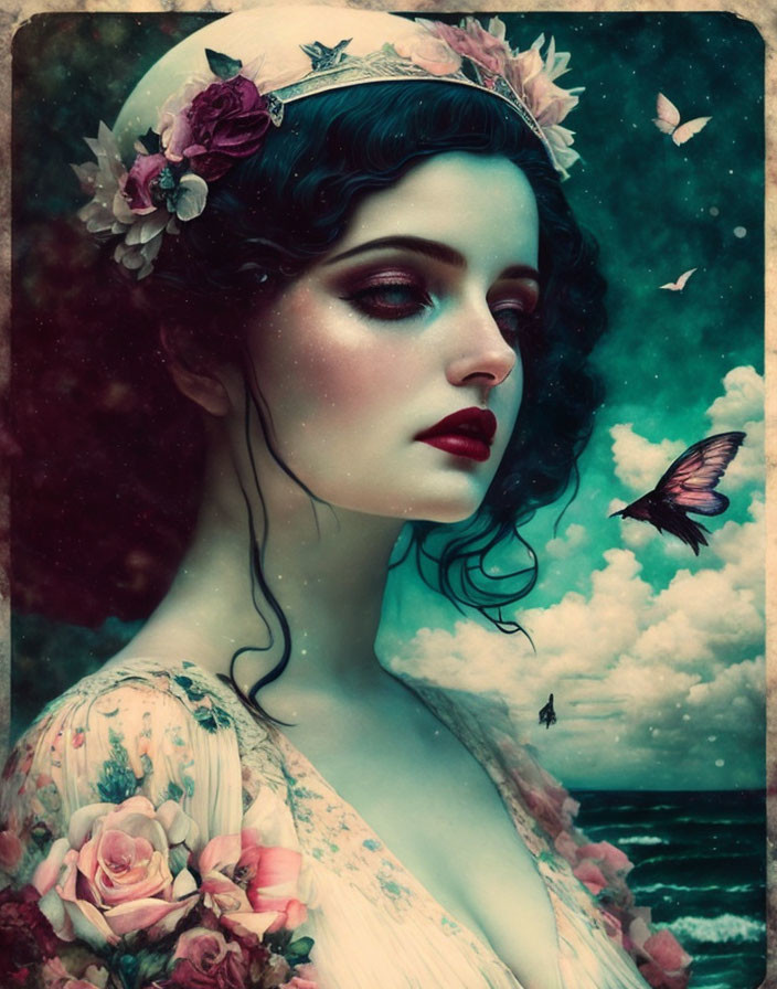 Vintage-style portrait of woman with floral headpiece and butterfly against cloudy seascape.