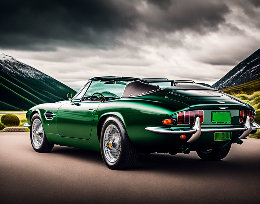 Vintage Green Convertible Sports Car on Road with Lush Green Hills and Cloudy Sky