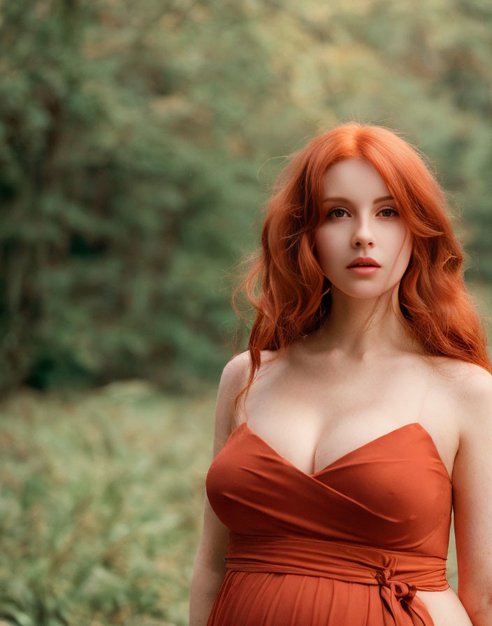 Red-haired woman in orange dress against greenery backdrop