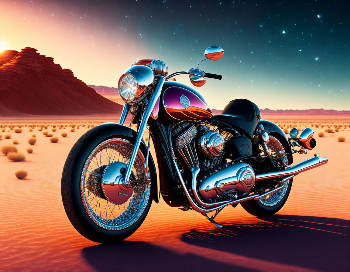 Vintage motorcycle in desert twilight with red sand and starlit sky