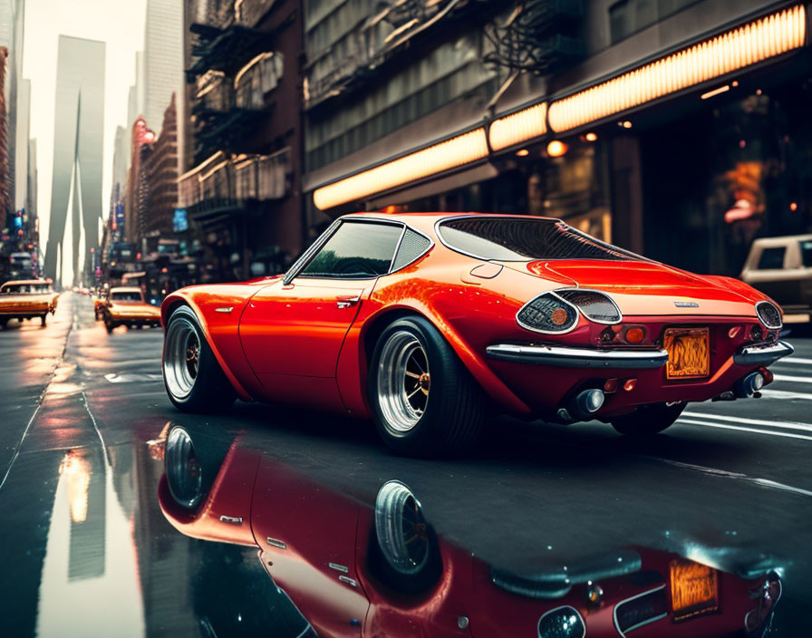 Vintage red sports car on wet city street with reflections and tall buildings.