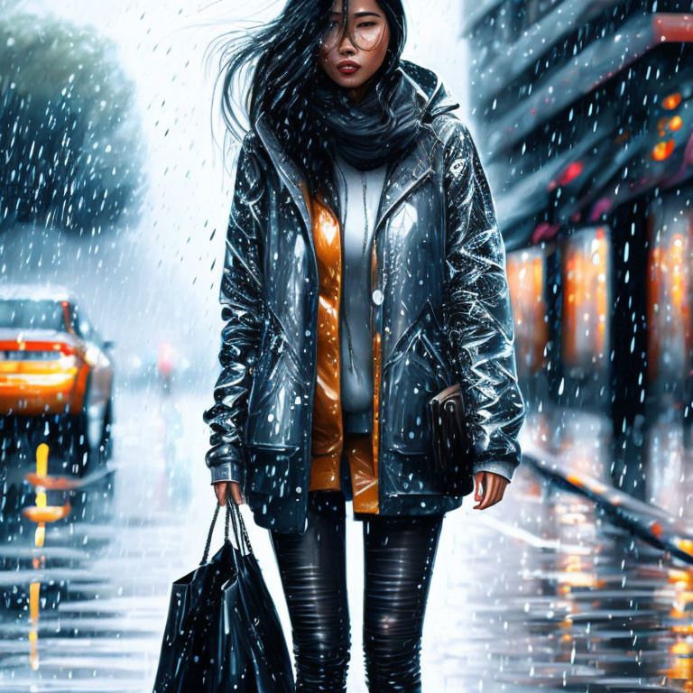 Stylish woman in leather jacket and sunglasses holding shopping bags in the rain