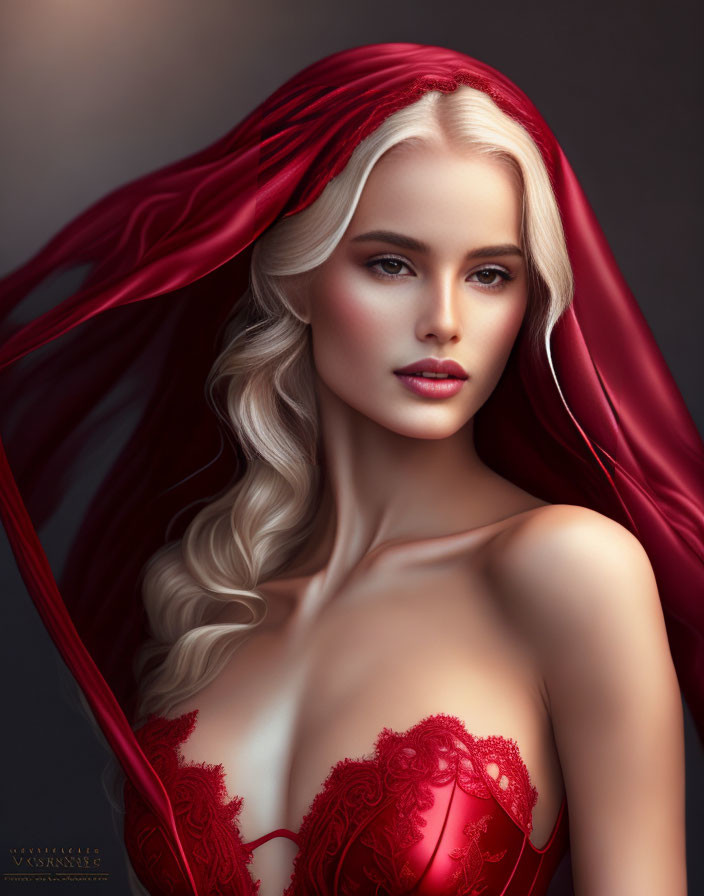 Platinum blonde woman in red cape and lace garment with sultry gaze