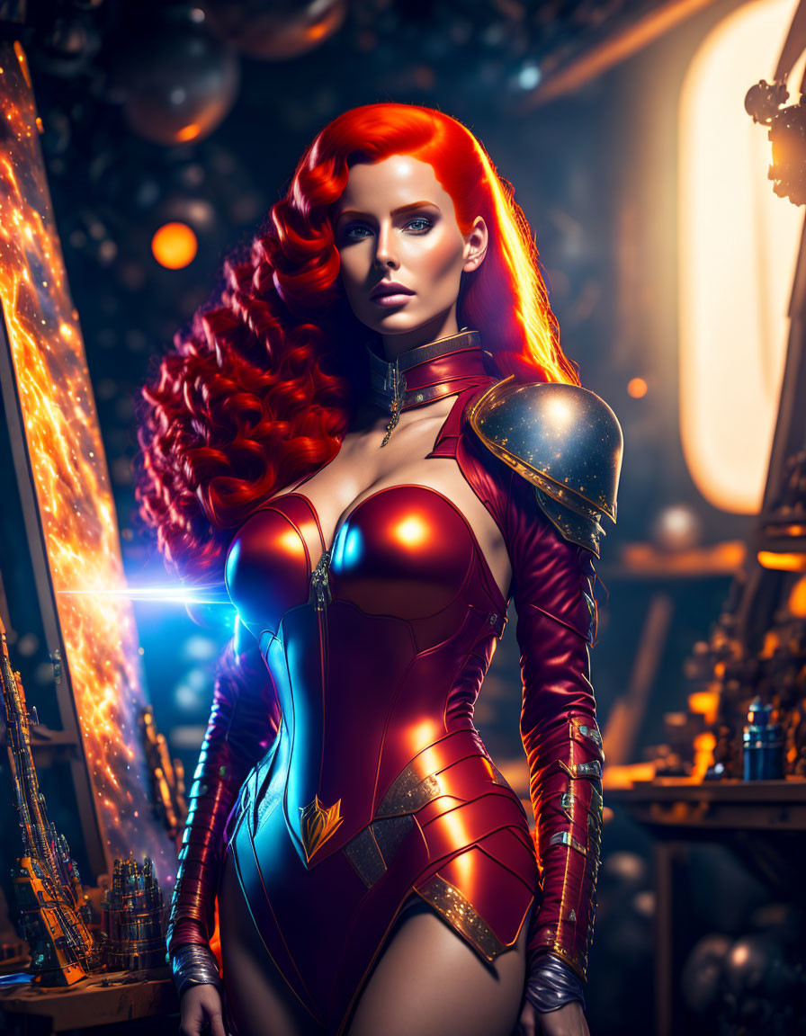 Red-haired woman in futuristic armored bodysuit wields glowing sword in advanced setting