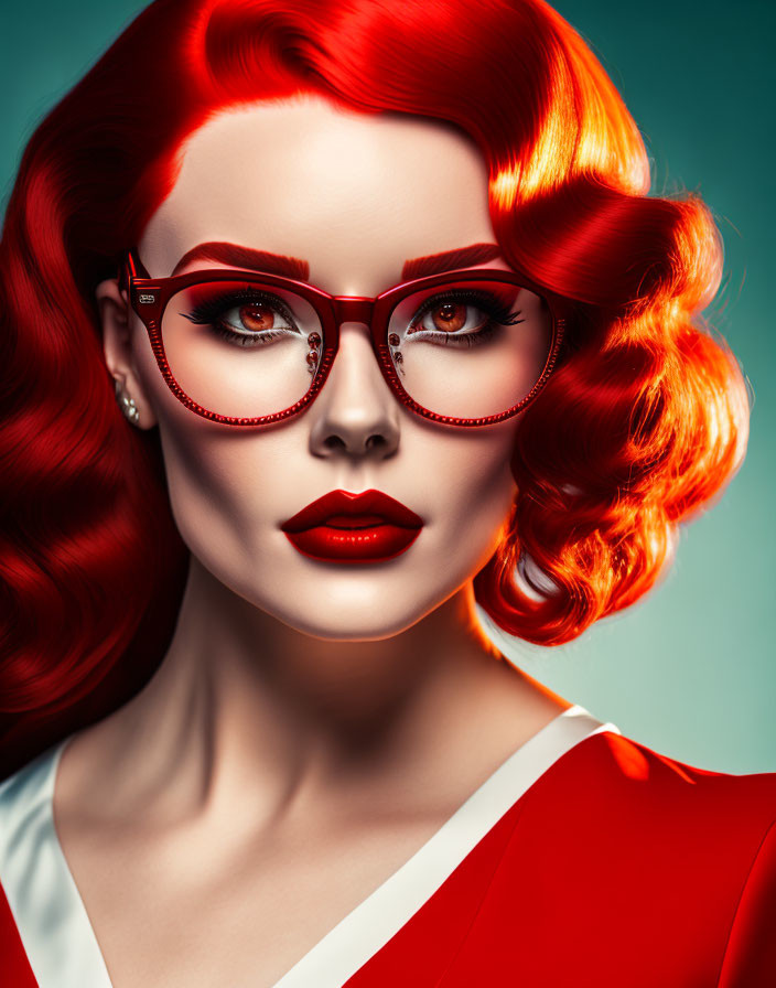 Portrait of woman with vibrant red hair, red lipstick, and eyeglasses on teal background