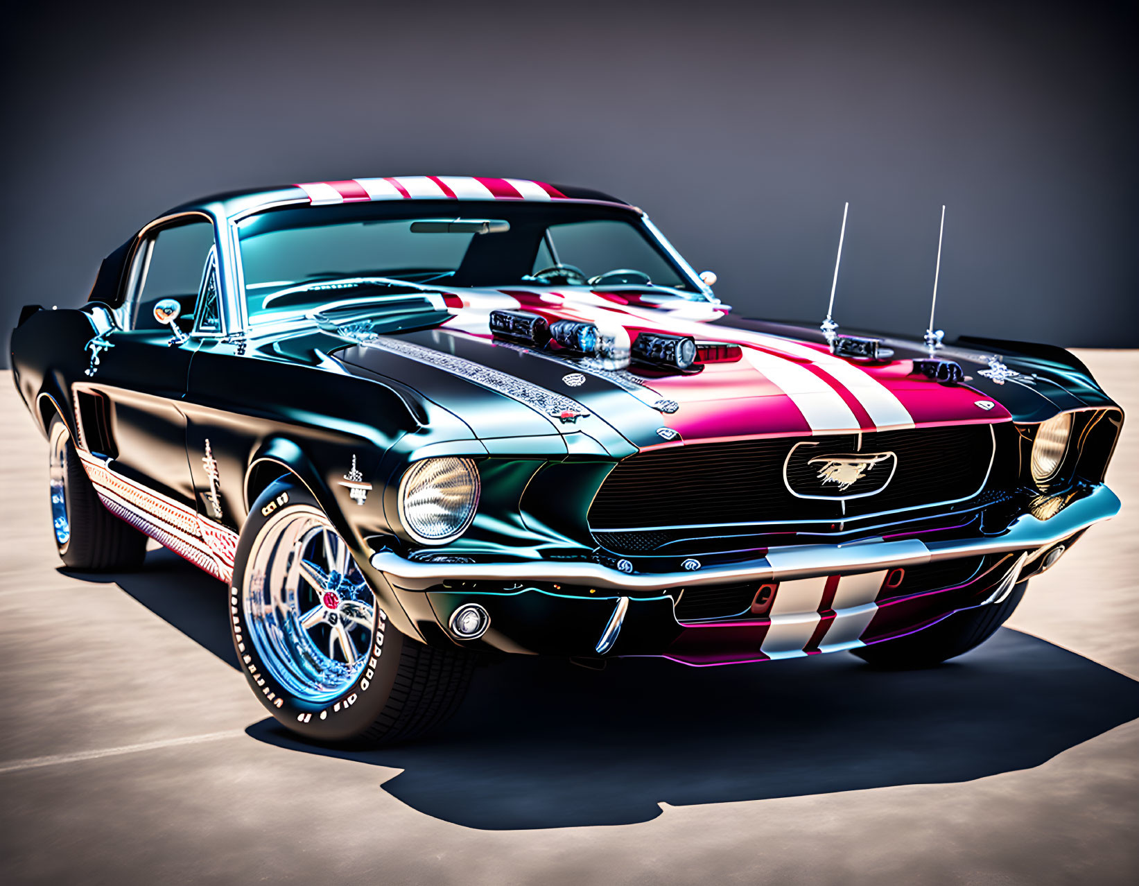 Vintage Black Mustang with Red and White Racing Stripes