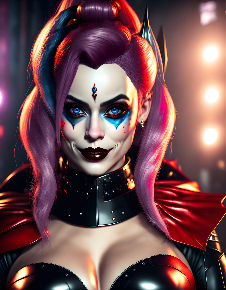 Colorful makeup and futuristic costume on woman with dual-toned hair against bokeh background