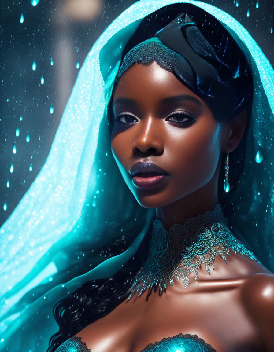 Glowing woman in turquoise veil under starlit ambiance