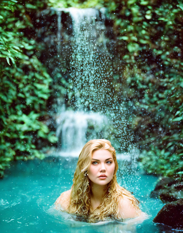 Blonde woman in natural pool with waterfall and lush greenery