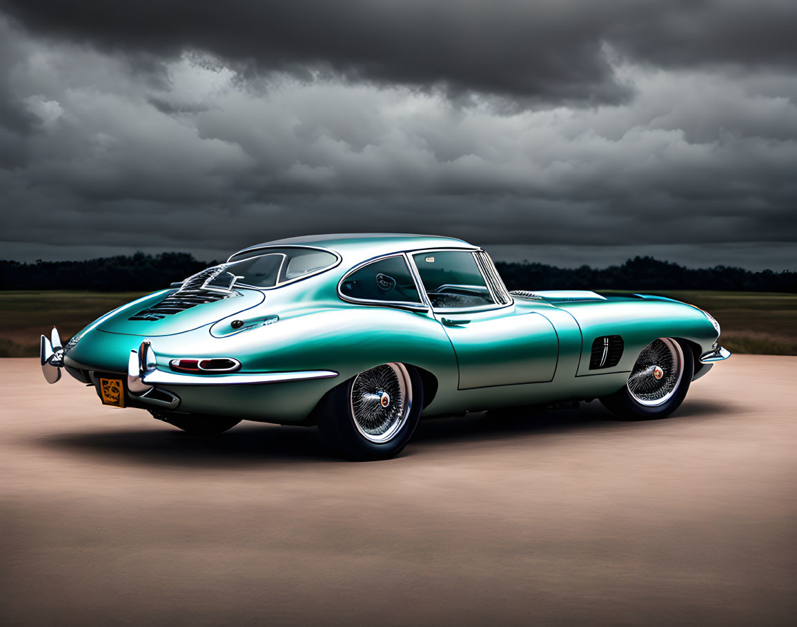 Vintage teal sports car with chrome detailing and wire wheels under a dramatic sky