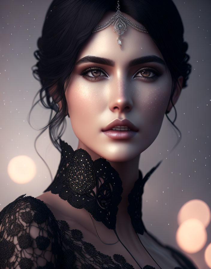 Portrait of woman with dark hair, fair skin, freckles, headpiece, lace garment,