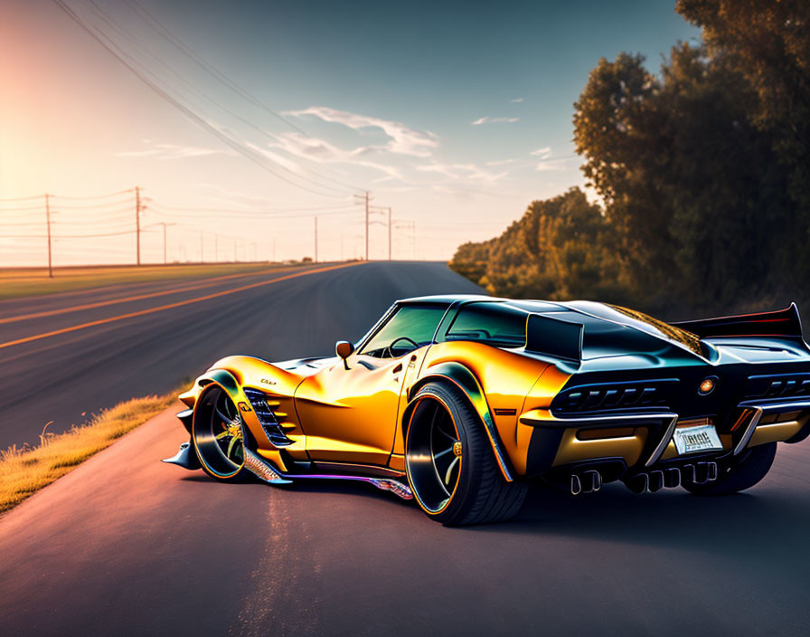 Classic Sports Car with Modern Twist Speeding on Open Road at Sunset