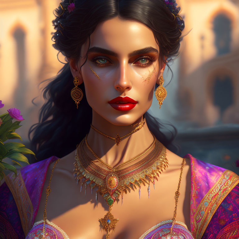 Digital artwork of woman with green eyes in gold jewelry and purple attire against warm architectural background