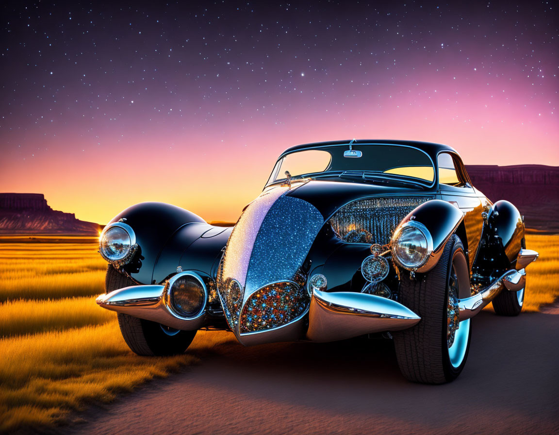 Classic Car in Desert Sunset with Starry Sky