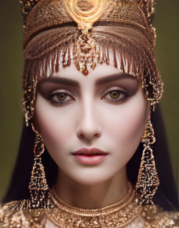 Elaborate golden headwear, intricate jewelry, and dramatic eye makeup on a regal pose