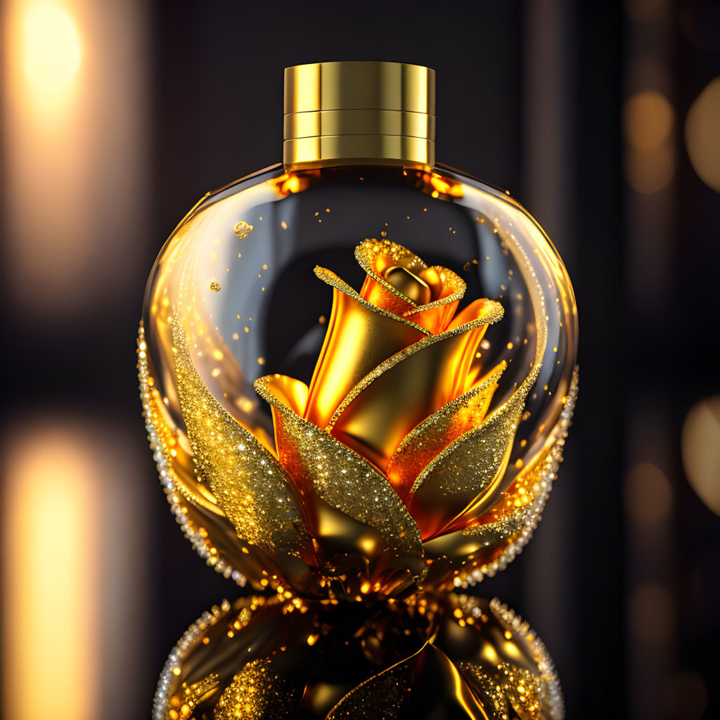 Luxurious Golden Perfume Bottle with Sparkling Rose and Glitter on Dark Background