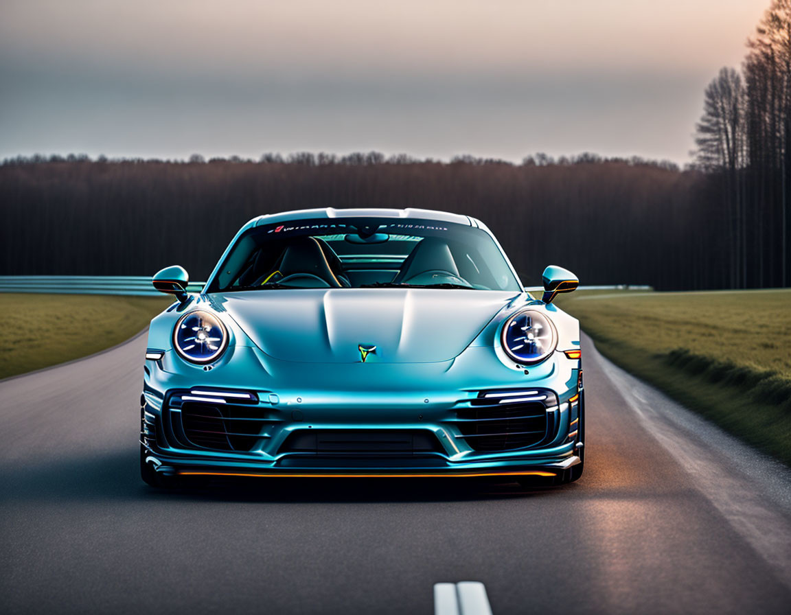 Metallic Blue Sports Car Driving on Empty Road at Twilight