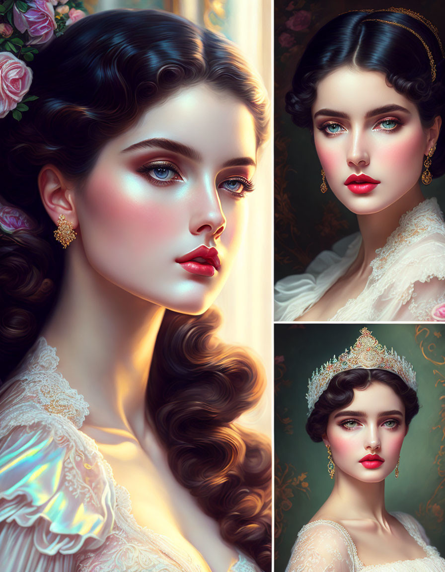 Dark-haired woman in white dress and tiara: 3 poses & expressions