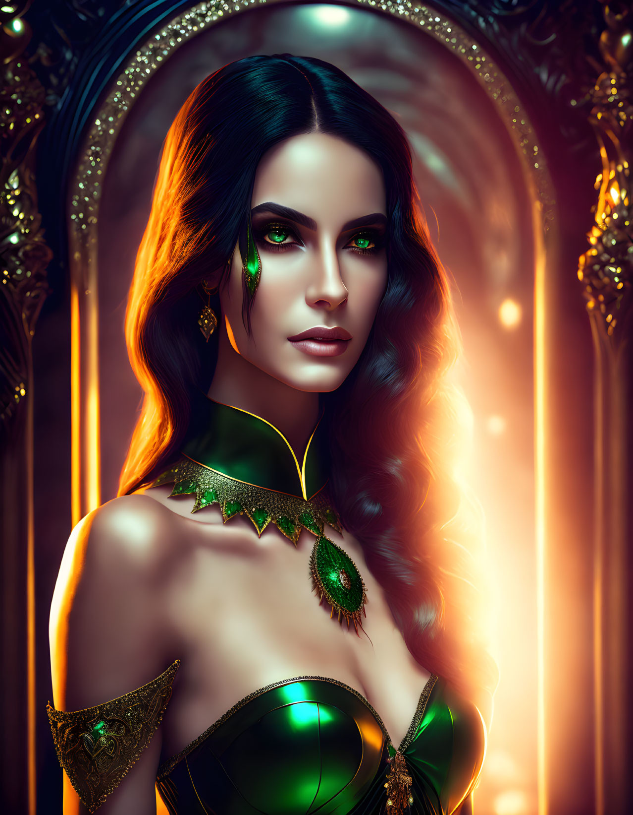 Digital artwork: Woman with emerald green eyes, dark hair, and golden jewelry by glowing arches