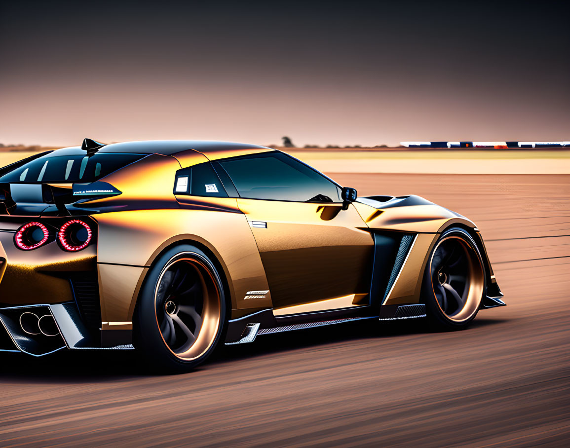 Golden sports car with black accents speeding on track at sunset.