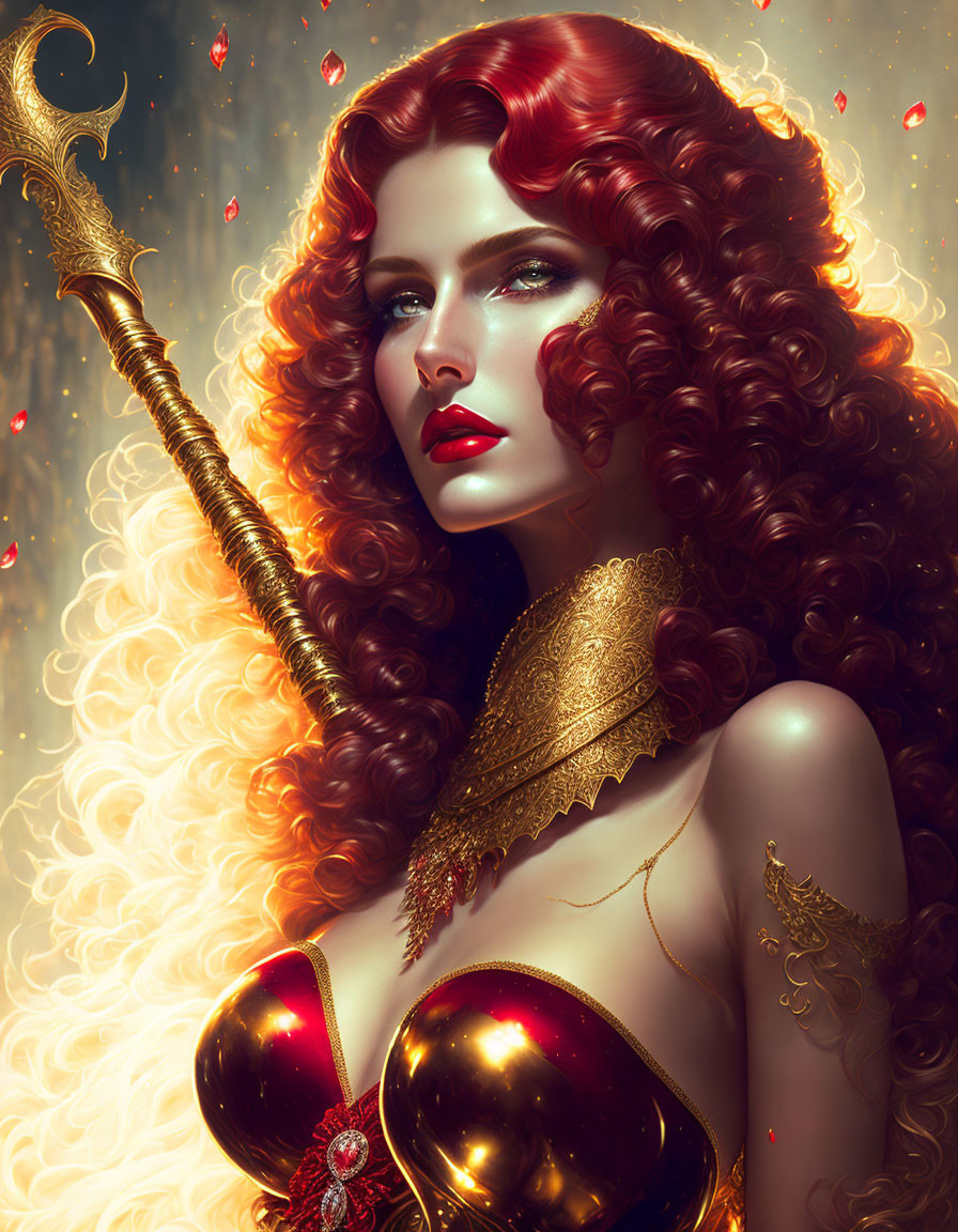 Digital artwork: Woman with red curls, golden armor, staff, and ethereal lights.