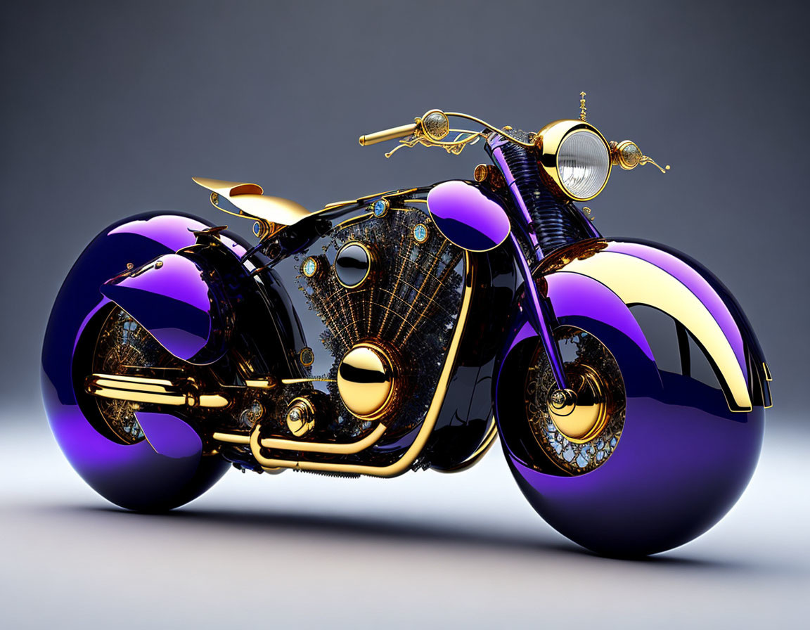 Futuristic purple and gold motorcycle with enclosed wheel