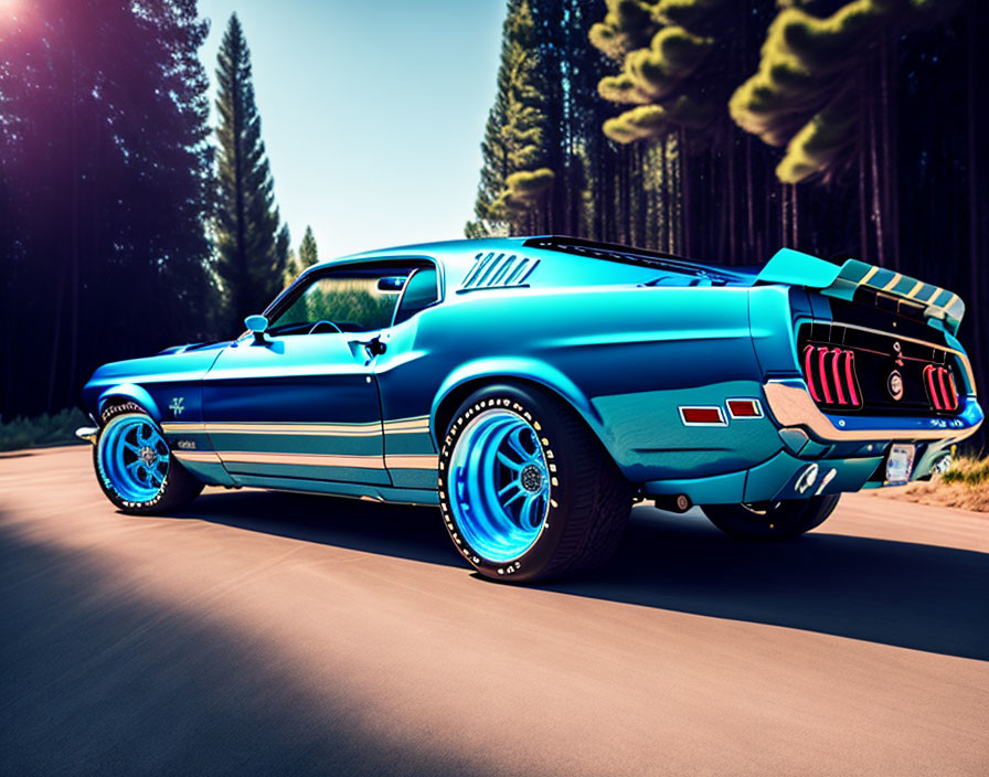 Vintage blue muscle car with racing stripes on forest road