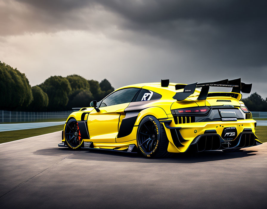 Yellow Race Car with Black Accents and Rear Wing on Racetrack