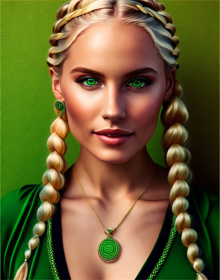 Striking Green-Eyed Woman with Double Braids and Matching Accessories