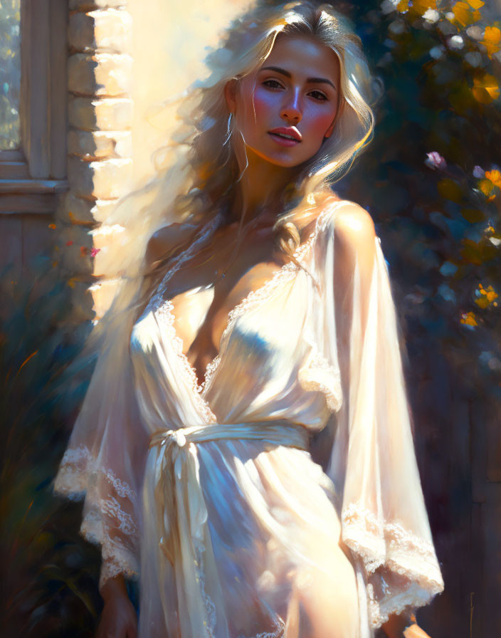 Woman in white sheer robe basks in warm natural light