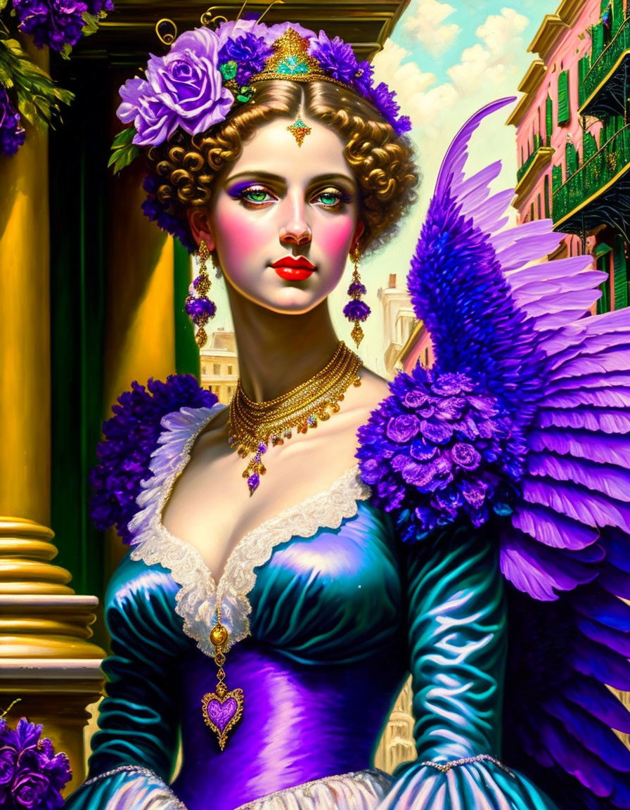 Woman portrait with angelic wing in purple dress and golden jewelry against cityscape.