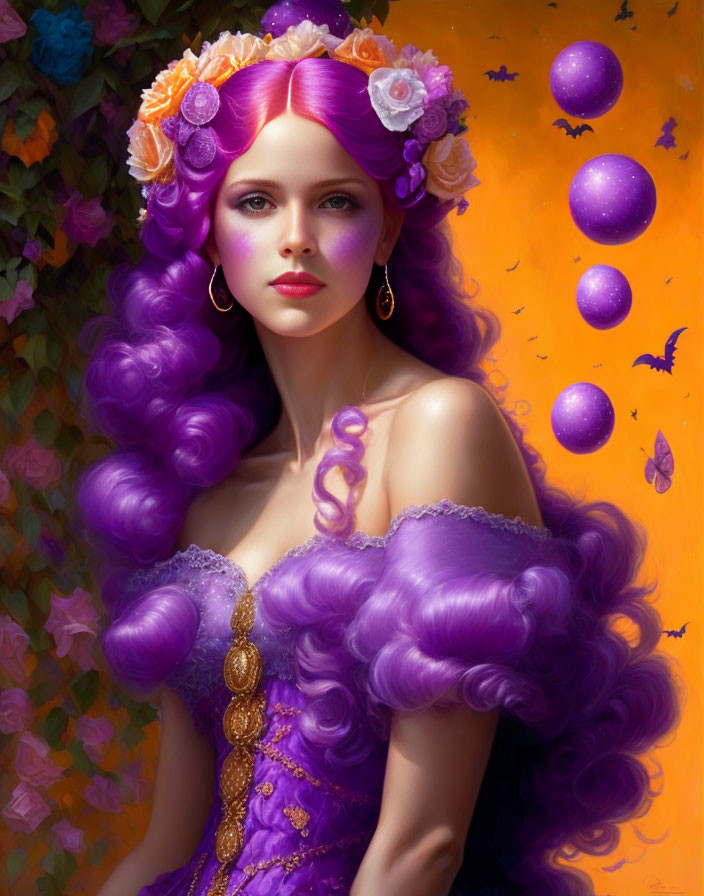 Woman with Purple Hair, Flowers, Spheres, and Butterflies