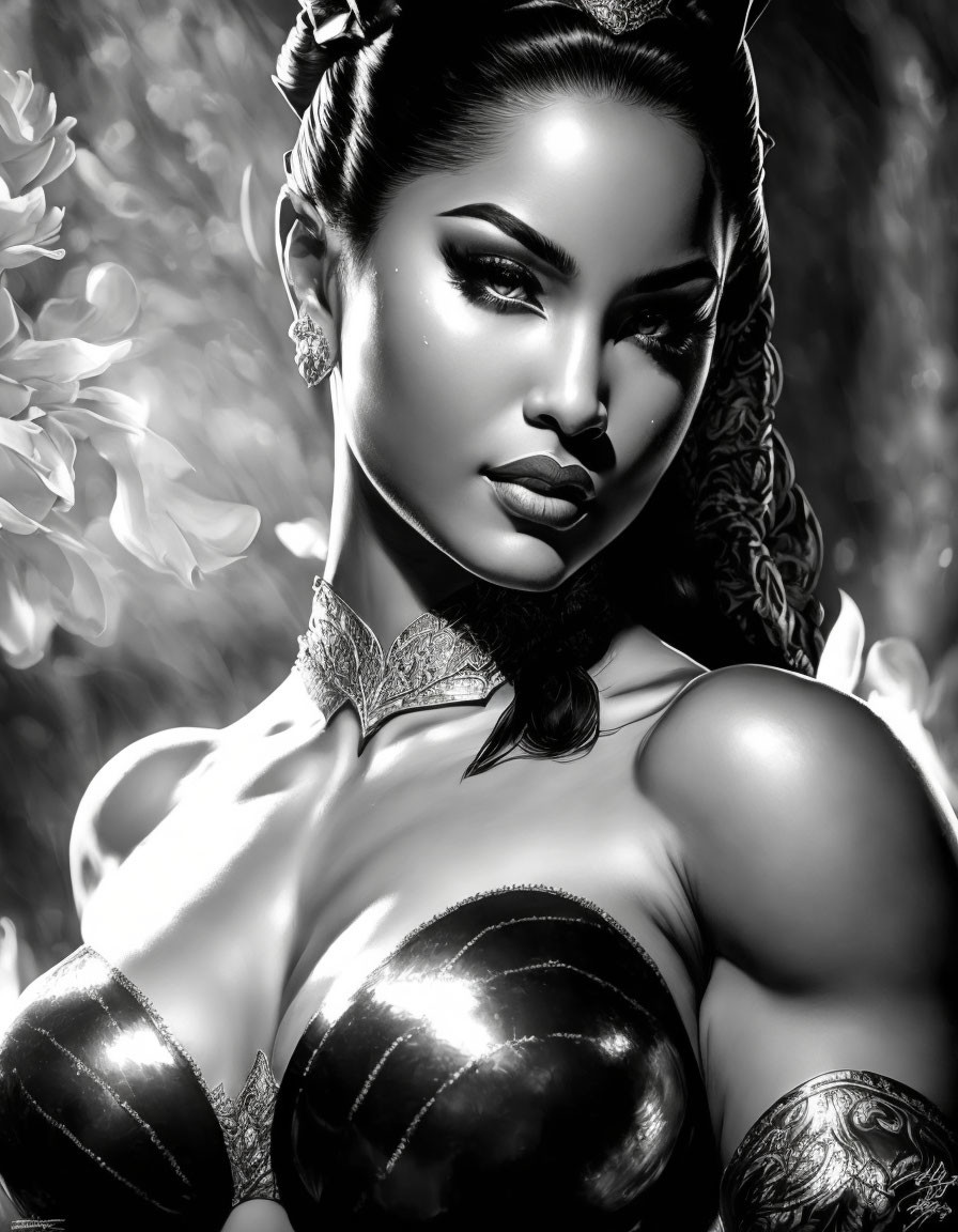 Monochromatic digital artwork of woman in choker and metallic armor