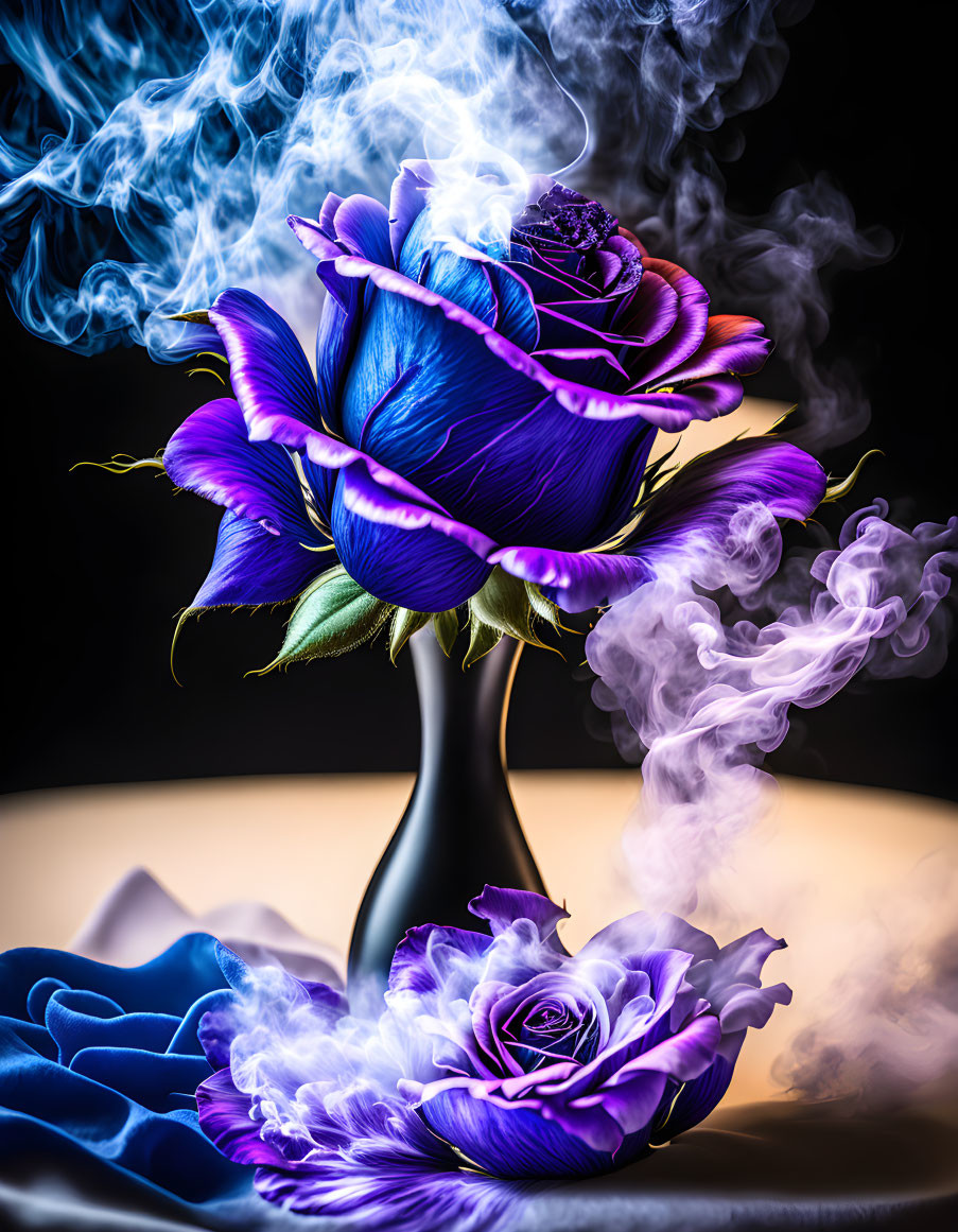 Blue and Purple Rose Bouquet in Black Vase with White Smoke on Dark Background