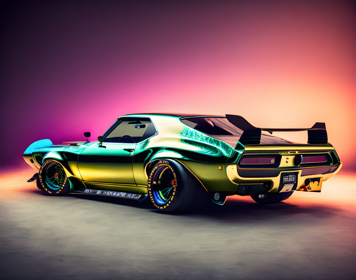 Modified classic sports car with vibrant green and golden colors, neon lights, oversized spoiler on purple gradient backdrop