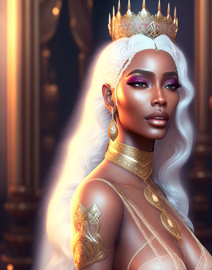 Regal woman with white hair, gold crown, and intricate jewelry