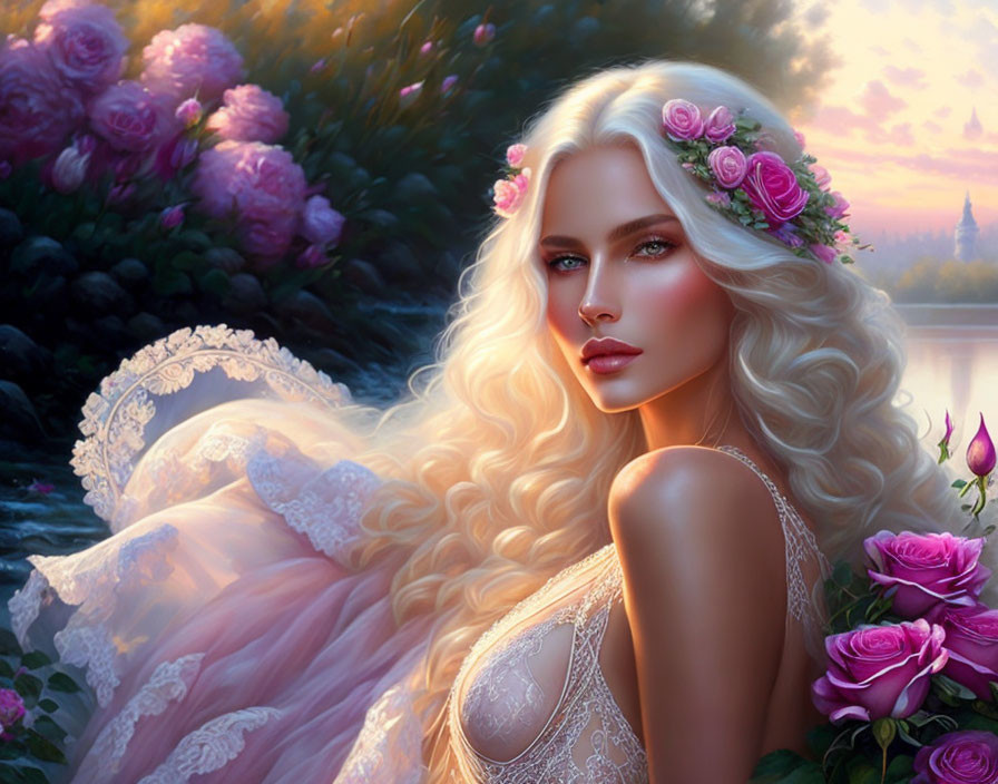 Blonde woman portrait with pink rose crown in elegant gown by serene lakeside