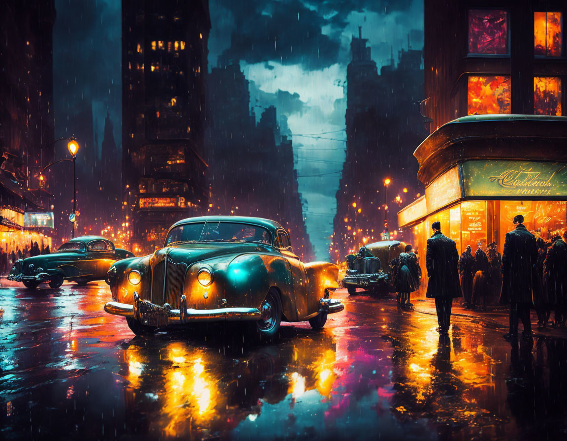 Night scene: Vintage cars and pedestrians on rain-soaked street with city lights reflecting