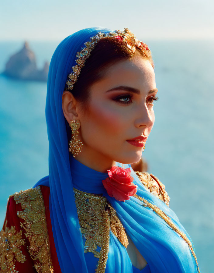 Woman in Blue Headscarf and Ornate Jewelry by Calm Sea