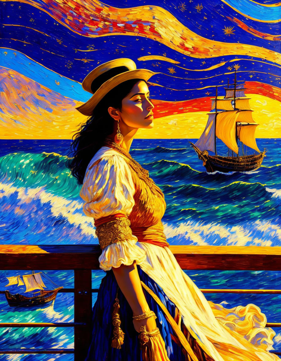 Woman in vintage attire against Van Gogh-style starry sky backdrop with sailing ship