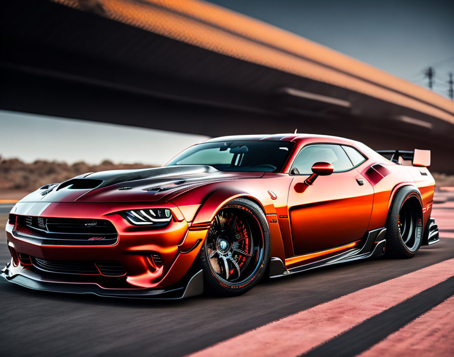 Red and Black Sports Car with Racing Stripes and Spoiler Parked Under Bridge at Sunset