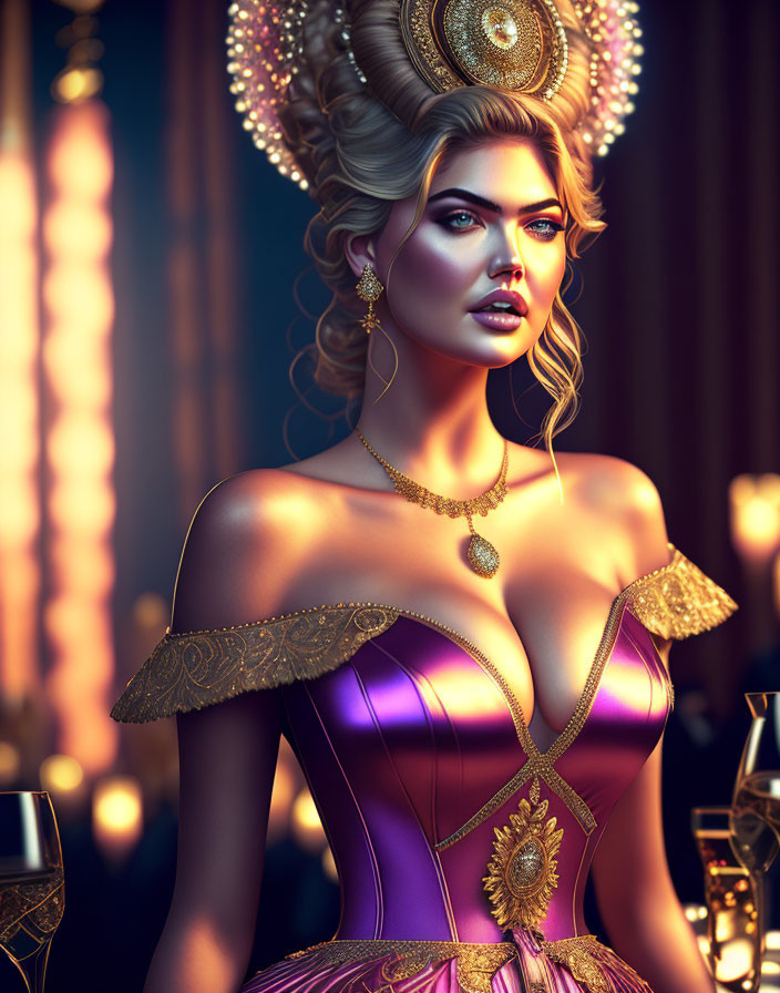 Stylized golden headdress on elegant woman in purple and gold dress in luxurious room.