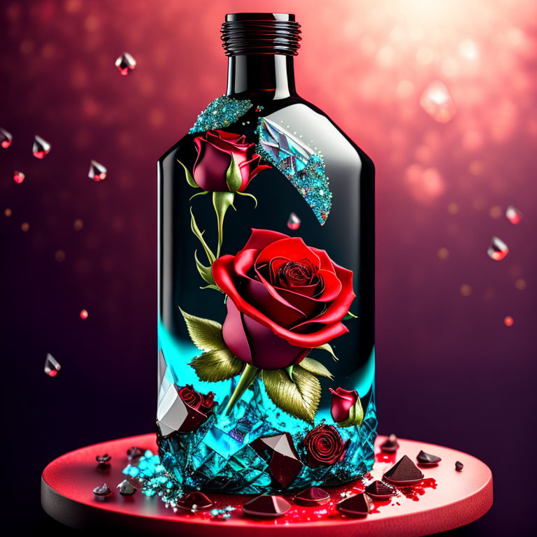 Intricately designed dark bottle with red rose and blue crystals