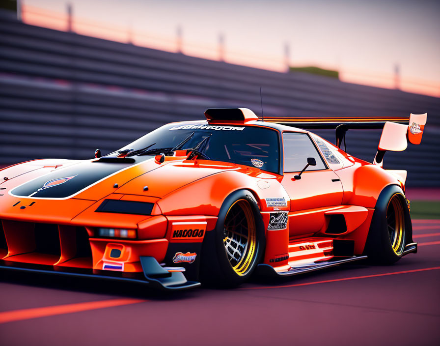 Bright orange race car with aerodynamic design and black accents on dusk asphalt track