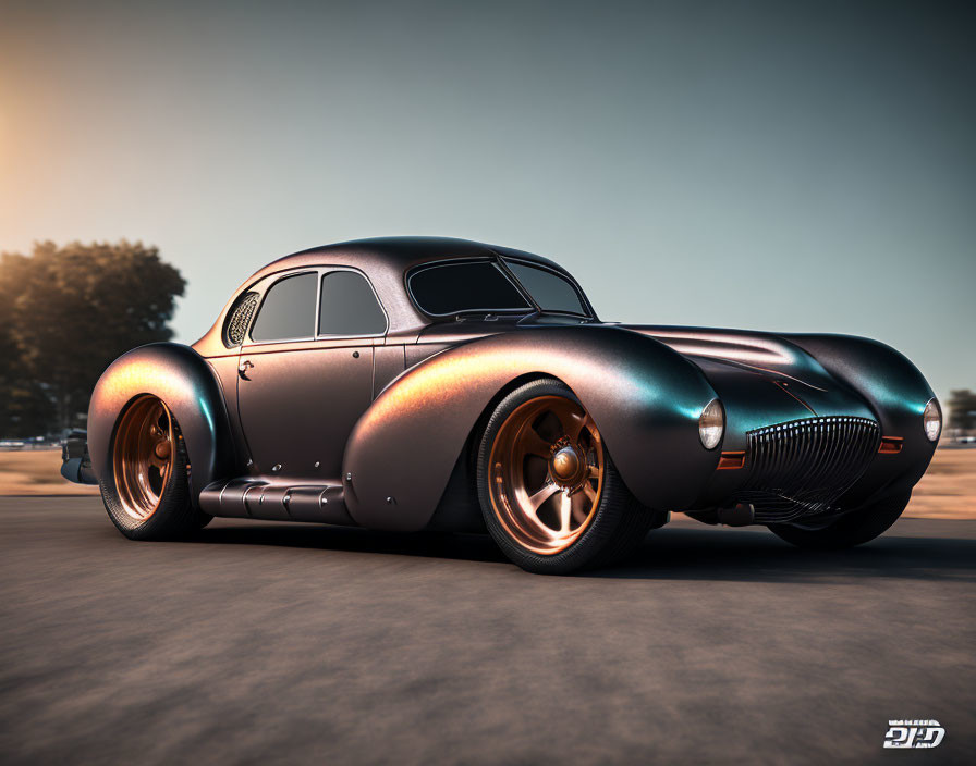 Customized Vintage Car with Metallic Body and Large Wheels in Soft Sunset Lighting