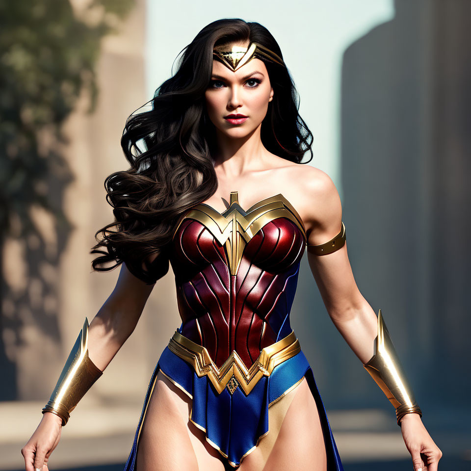 3D rendered image of a woman as Wonder Woman with long black hair and iconic costume