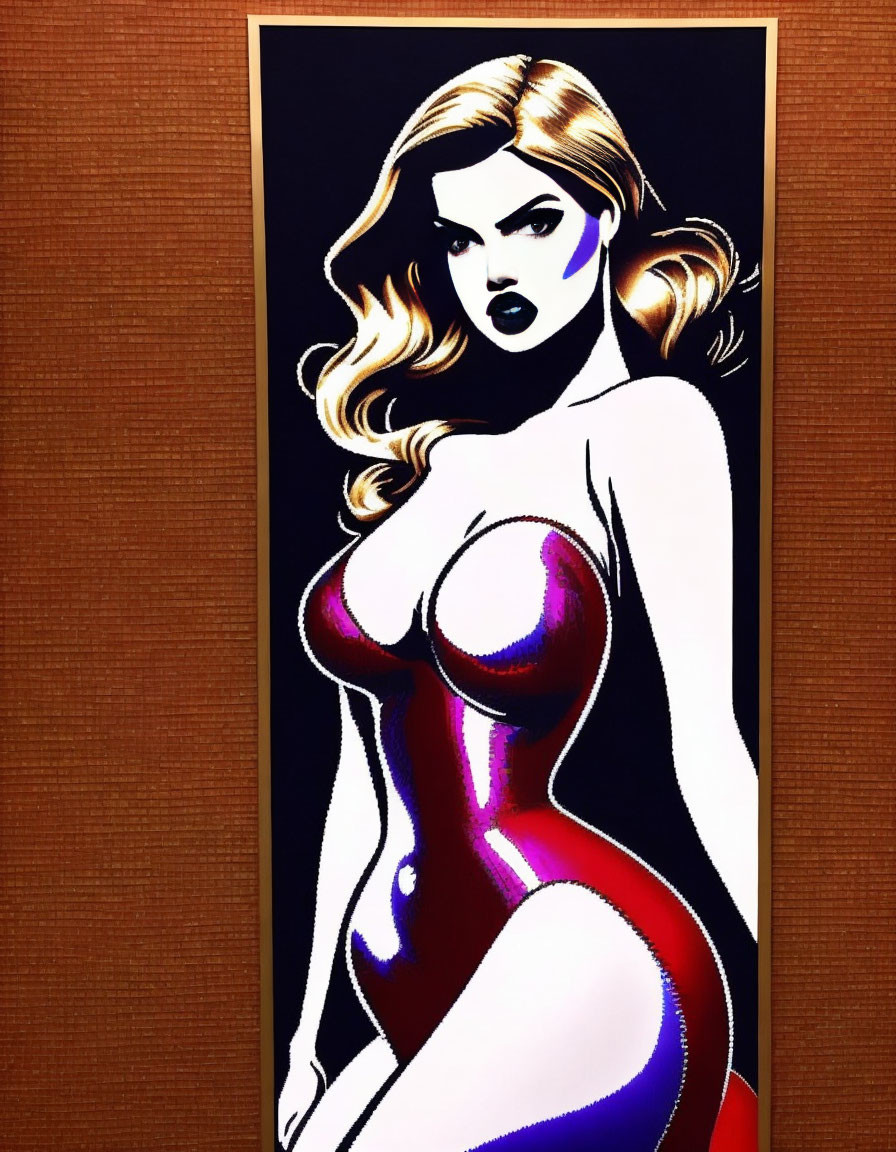 Stylized illustration of woman with curves in black, white, purple, and red on textured brown