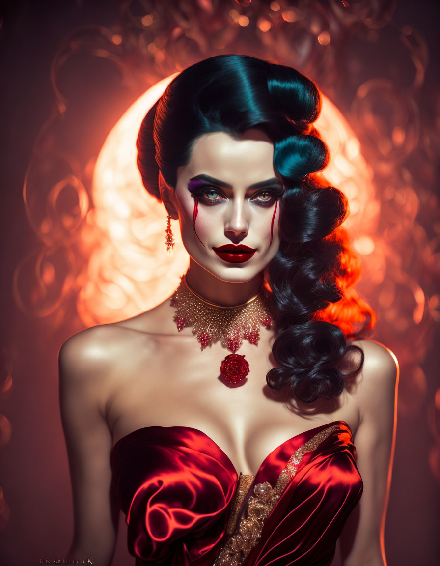 Vintage-inspired Woman in Red Satin Dress with Glamorous Makeup