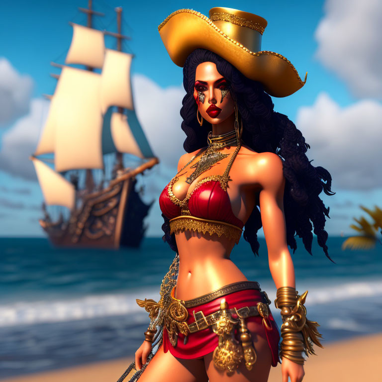 Female pirate with large hat and ship in background by the sea